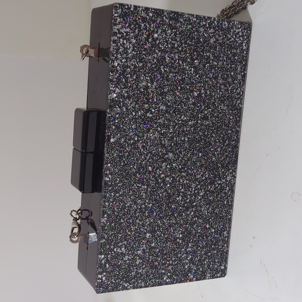 Kate Landry sparkling Confetti black silver glitter clutch with chain strap